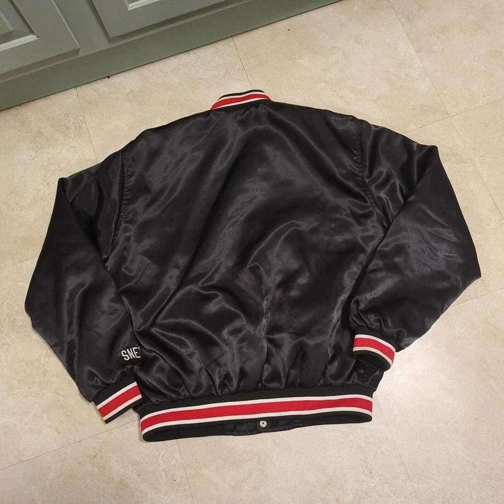 Bridgeport Mens XL Connecticut Embroidered Black Snap‎ Satin Bomber Jacket